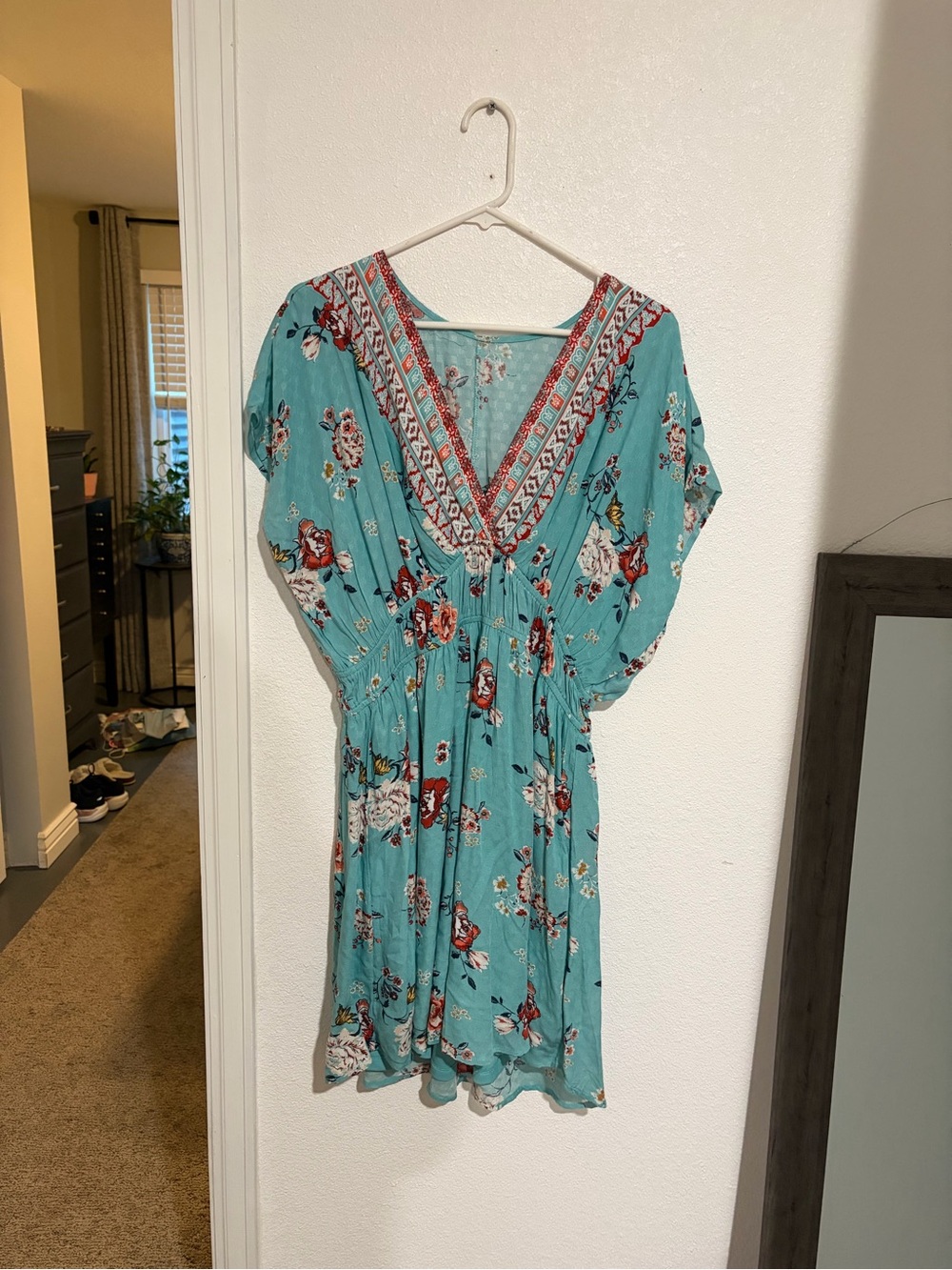 Source Unknown Teal Floral V-Neck Mini Dress
